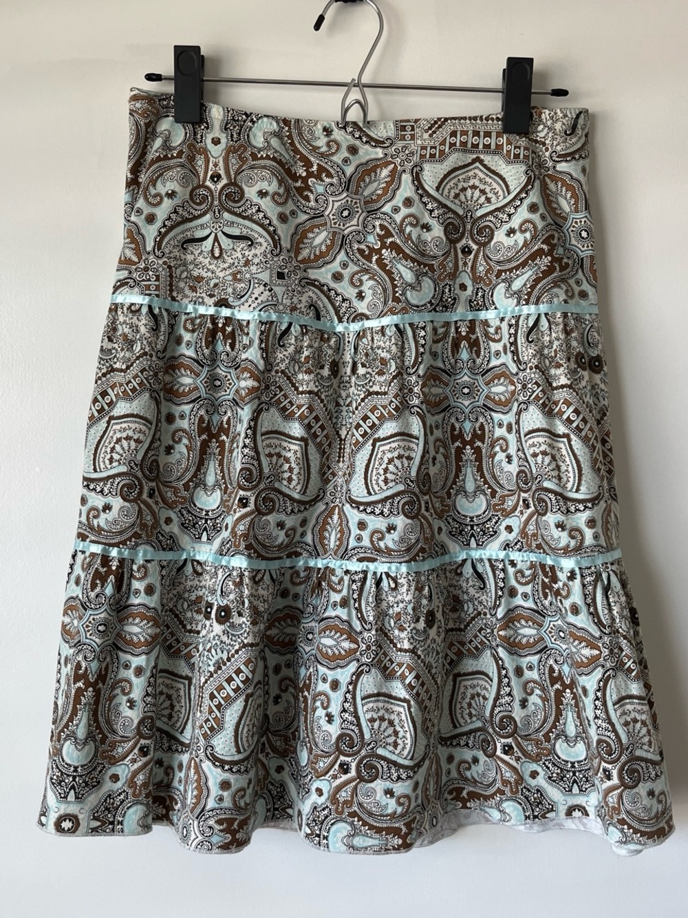 Tiered Paisley Cotton Skirt in Light Blue and Brown